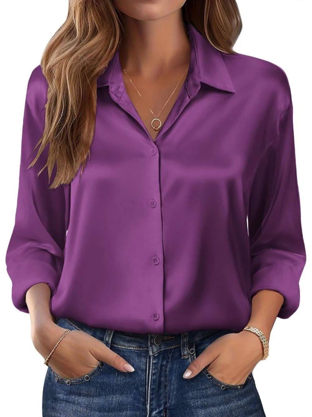 Womens Purple Long Sleeve Satin Silk Button Down Casual Blouses Top T-Shirt